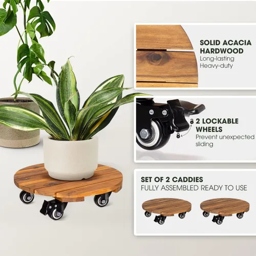 Vista 2 de Idzo Paquete de 2 cajas de madera de 12 pulgadas con ruedas resistentes, capacidad de 264 libras, plataforma de madera dura de acacia, soporte