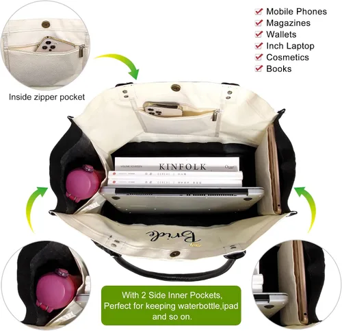 Vista 2 de BeeGreen Bolsa de lona para novia, regalos de dama de honor, despedida de soltera, regalo de compromiso con asa de cuero, regalo de despedida