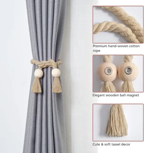 Vista 3 de NICEEC 6 Pack de alzapaños magnéticos de bola de madera para cortinas, decoración boho para el hogar, lazos de cortina tejidos a mano con cuerda