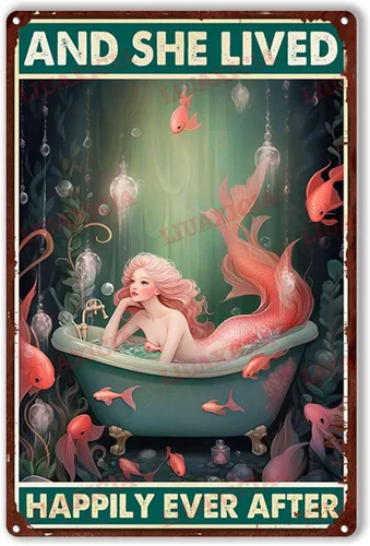 Vista 13 de LIUAXICIA Letrero de lata retro con diseño de sirena y ella vivió feliz para siempre, para decoración del hogar, 8 x 12 pulgadas, pintura de lata