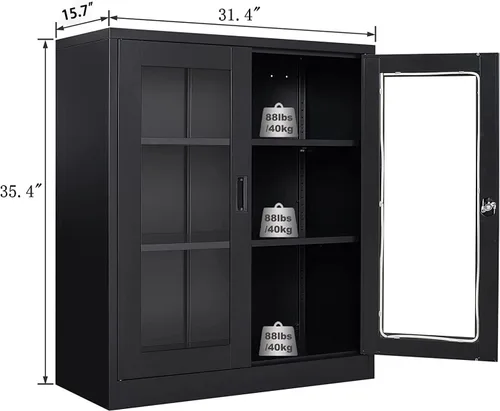 Vista 2 de Armario de almacenamiento de metal negro SISESOL con puertas y estantes, armario de exhibición con cerradura de 36 pulgadas con puertas de acrílico
