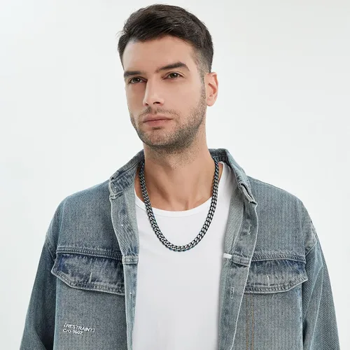 Vista 7 de YAMI Cadena de eslabones cubanos para hombre, azul/negro/oro de 14 quilates, acero inoxidable de 0.394-0.472 in de grosor, collar de cadena