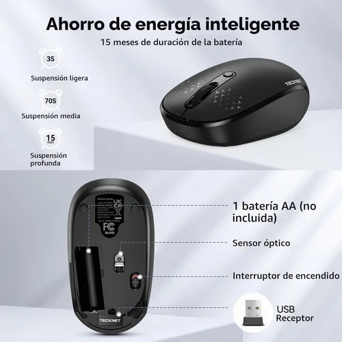 Vista 6 de Tecknet Mouse inalámbrico, mouse silencioso de 2.4 GHz con receptor USB, 4 botones, portátil, inalámbrico, para Chromebook, laptop, computadora Negro