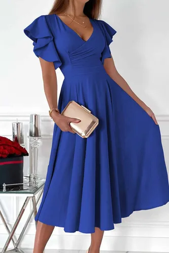 Vista 2 de PRETTYGARDEN Vestido midi de verano 2023 para mujer, manga casquillo con volantes, cuello en V, acampanado, vestido de cóctel