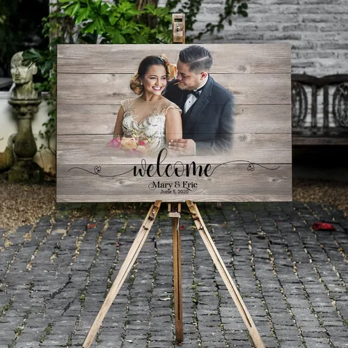 Vista 6 de Letrero de bienvenida de madera rústica Retrato personalizado de la foto Regalo de boda y decoración