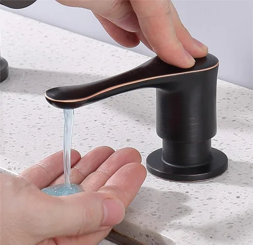 Vista 10 de Dispensador de jabón para fregadero de cocina, dispensador de fregadero integrado negro con cabezal de bomba de latón macizo, resistente a