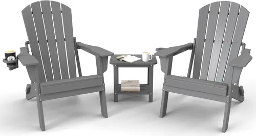 Vista 15 de Juego de sillas plegables Adirondack de 3 piezas, respaldo extra alto de 38 pulgadas y grano de madera en relieve, muebles de patio de polietileno