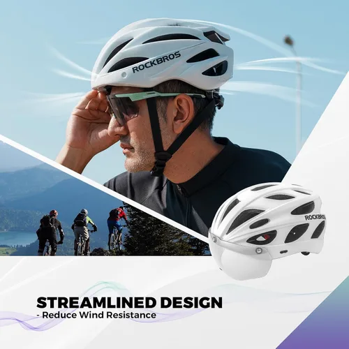Vista 6 de ROCKBROS - Casco de bicicleta para hombres y mujeres adultos con ajuste sugerido de 58-65cm, gafas magnéticas desmontables y visera solar, ligero