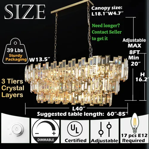 Vista 6 de Candelabros de cristal para comedor Candelabro moderno rectangular Iluminación colgante contemporánea Fijo de luz lineal dorado 17 luces rectangular