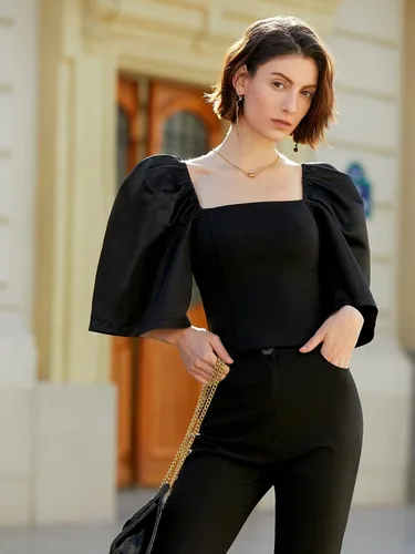 Vista 4 de Floerns Blusa corta elegante de manga corta abombada con cuello cuadrado para mujer