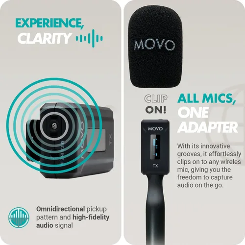 Vista 5 de Movo WMX-2 Micrófono de solapa inalámbrico Lavalier con estuche de carga y adaptador de mano WMX-HM - Micrófono Lav, micrófono de solapa de 2.4 GHz