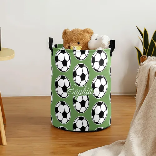 Vista 3 de Cesta de lavandería grande verde fútbol con nombre personalizado, bolsa de ropa plegable, cesta de tela plegable para regalo, 19.69 pulgadas