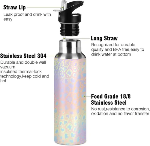 Vista 3 de ALAZA Botella de agua con estampado de leopardo y arco iris con tapa de pajilla, aislamiento al vacío, botella térmica de acero inoxidable de 20