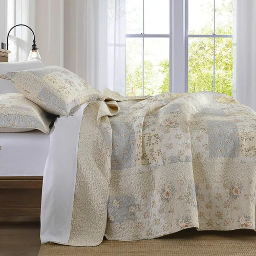 Vista 3 de DDUOXIN - Colcha reversible tamaño King de 100 % algodón, colcha floral a cuadros 120x120 Quilted Bed Spread with 2 Pillow Shams, Farmhouse