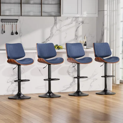 Vista 10 de Juego de 1 taburetes de bar giratorios de madera curvada ajustables para encimera de cocina, moderna silla de bar tapizada de piel sintética