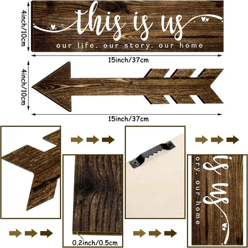 Vista 2 de Jetec 4 piezas de flecha de madera para decoración de pared con texto en inglés "This Is Us Our Life" (This Is Us Our Life) para decoración de pared