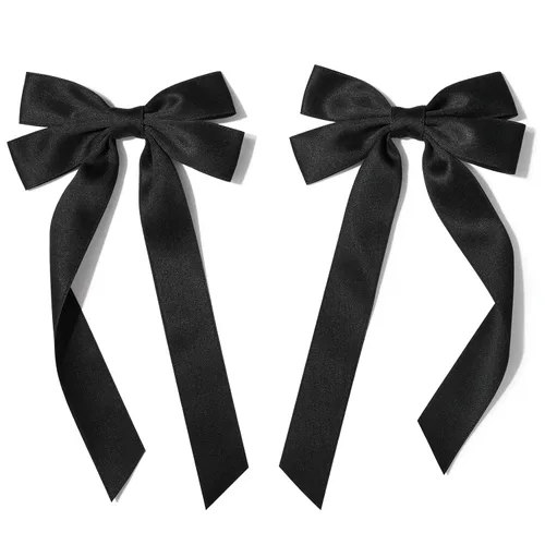Vista 7 de Lazos de satén sedoso y pinzas de cocodrilo, soportes para cola de caballo de cinta negra, accesorios para el cabello para mujeres, niñas, niños