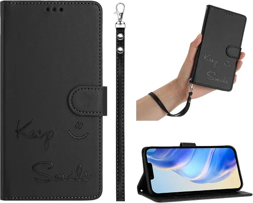 Vista 2 de Flip Wallet Case for Motorola Moto E32 4G (Int'l), Keep Smile Embossed Leather Cover with Card Slots, RFID Blocking, Kickstand, Wrist Strap Black.