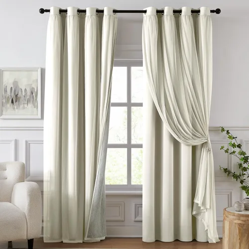 Vista 10 de cortinas 100% opacas para dormitorio, cortinas rosadas de doble capa, cortina oscura de 96 pulgadas de largo con superposición transparente