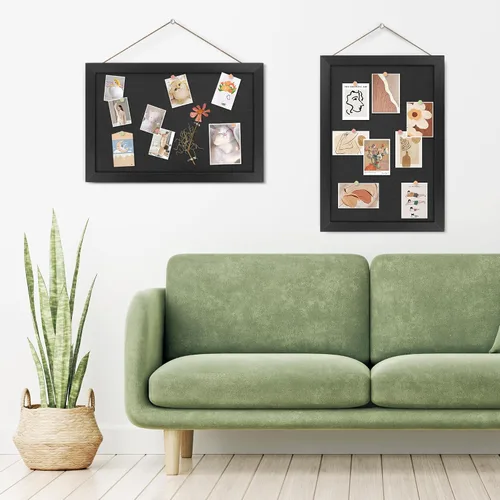 Vista 3 de AKTOP - Juego de 2 pizarras de corcho negro con lino de 16.7" X 11", pequeño tablero de anuncios con marco para pared, tablero decorativo