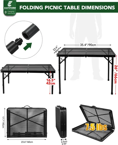 Vista 3 de 3 Ft Folding Camping Table, Adjustable Height 16.5-26 in, Metal Grill Table Negro