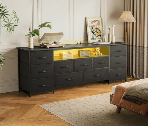 Vista 7 de Huuger Soporte de TV de 63 pulgadas para TV de 65, 70 pulgadas, cómoda larga con 11 cajones con tomas de corriente y luces LED, centro