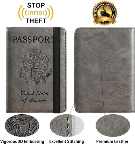 Vista 4 de Funda para pasaporte, cartera, artículos esenciales de viaje, con bloqueo RFID, funda de piel para tarjetas de viaje internacionales, accesorios