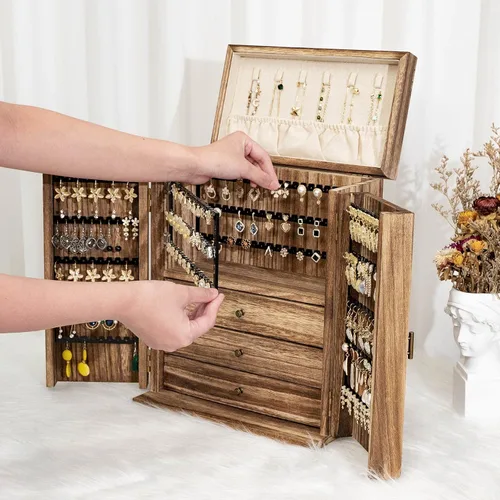 Vista 2 de Caja organizadora de aretes cajas de joyería grandes para mujer gran almacenamiento de joyería exhibidor para collar aretes anillos pulsera caja