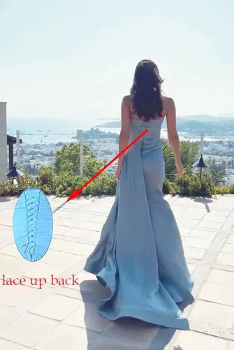 Vista 5 de Vestidos de fiesta de sirena profunda con cuello en V 2022, largos con tren, de satén, formales, vestidos de noche sexy con abertura DR0037