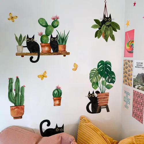 Vista 6 de Yovkky Calcomanías de pared de plantas en maceta de gatos negros, caricaturas, gatito, bonsái, guardería, sala de juegos, decoración de cactus