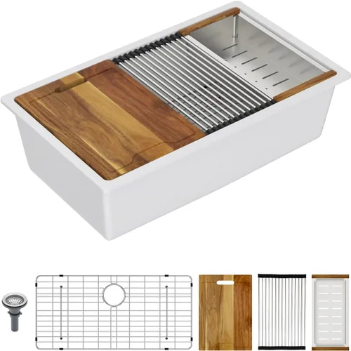 Vista 10 de Lordear Fregadero de Bar Empotrado de Granito Compuesto de 18 Pulgadas 18"x18" Fregaderos de Cocina de Cuarzo Compuesto Negro de Un Solo Tazón Bajo