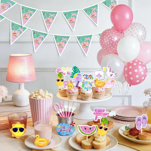 Vista 2 de Decoración para cupcakes de verano, 36 piezas de decoración de cupcakes de verano con temática hawaiana, decoración de cumpleaños, decoración