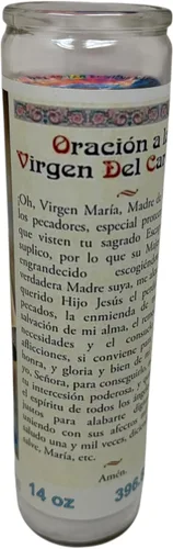 Vista 2 de Virgen del Carmen veladora de rezo sin fragancia 14 oz Vaso Grande UNA pieza Vela de oración de una pieza 14 oz de vidrio alto oración al reverso