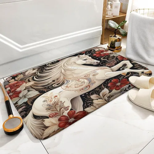Vista 2 de Alfombra de baño de flores de caballo blanco, regalos de caballo para niñas, alfombra de baño de terciopelo antideslizante, tapete de ducha de felpa