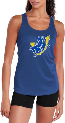 Vista 179 de Camiseta deportiva sin mangas oficial de NCAA Collegiate para mujer, con espalda cruzada, colección con logotipo primario