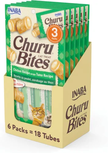 Vista 13 de INABA Churu Bites para Gatos, Golosinas para Gatos Rellenas de Churu Envueltas en Pollo Horneado Suave/Masticable con Vitamina E, 0.35 Onzas por