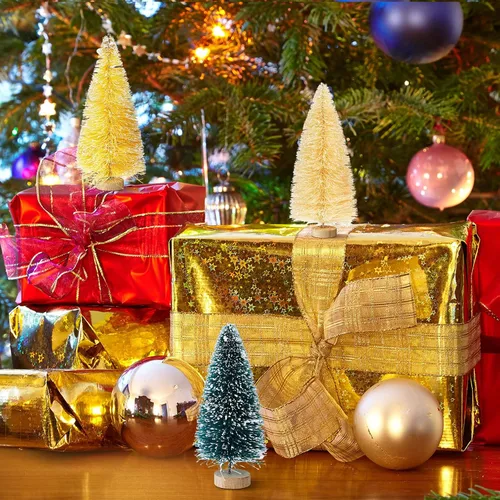Vista 6 de Mini árboles de Navidad artificiales, cepillo para botellas, árboles helados de nieve con base de madera, árboles de mesa de plástico, adornos