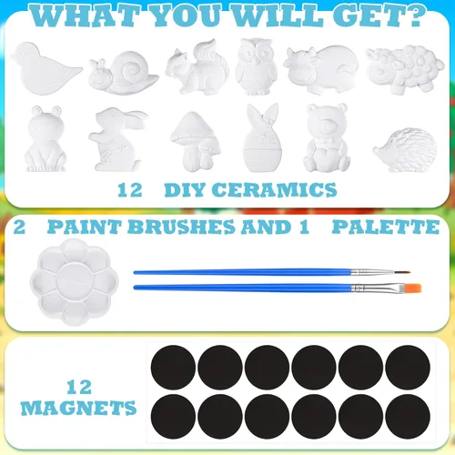 Vista 2 de Sinmoe 12 juegos de kit de arte y manualidades, kit de pintura de cerámica sin pintar DIY, pinta tus propias figuras con 12 imanes, 2 pinceles y 1