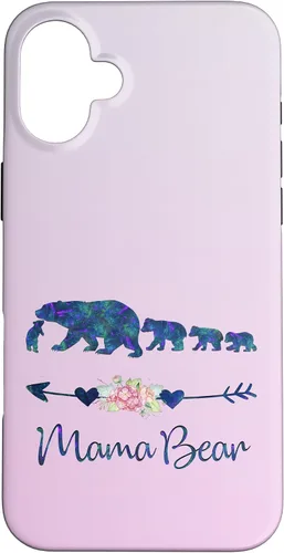 Vista 22 de Funda para iPhone 16, diseño floral de mamá oso de cuatro cachorros, color verde azulado y morado