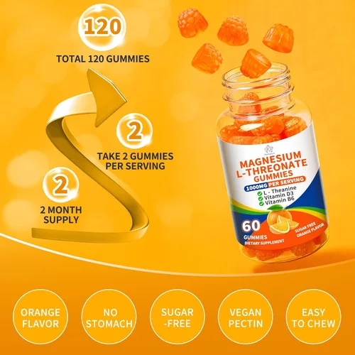 Vista 7 de Paquete de 2 gomitas de L-treonato de magnesio de 1000 mg para niños y adultos, treonato de magnesio de alta absorción con L-teanina vitamina D3