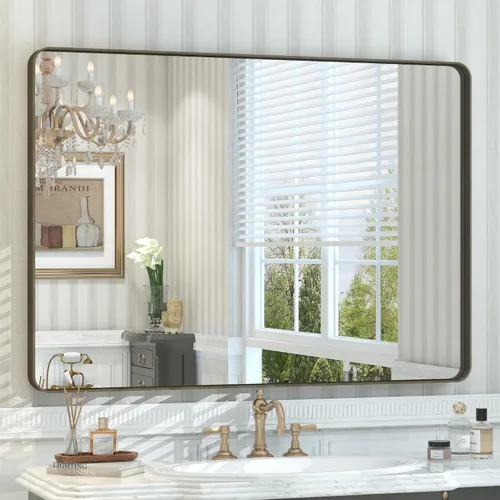Vista 48 de Paquete de 2 espejos de baño con marco de metal negro de 22 x 30 pulgadas, espejo rectangular redondeado negro mate, antioxidante, se cuelga