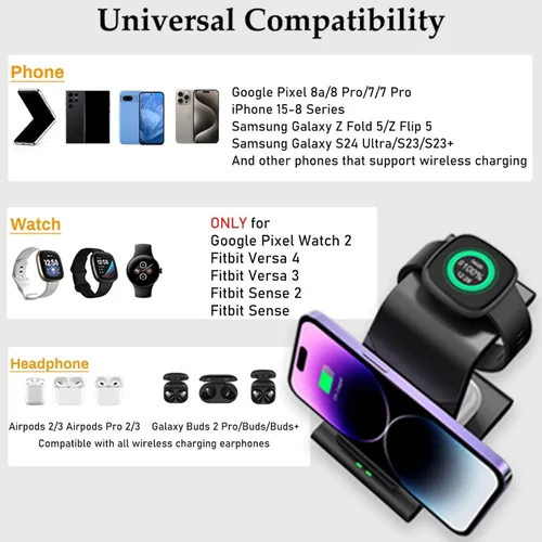 Vista 2 de Cargador inalámbrico para Google Pixel Watch 2, Fitbit Versa 4/Versa 3/Sense 2/Sense, estación de carga inalámbrica para Google Pixel 8 Pro/8/7