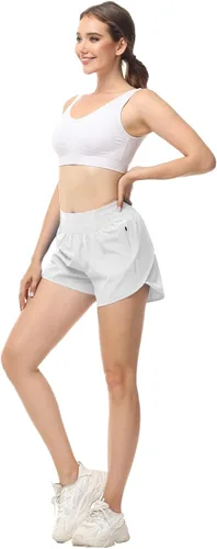 Vista 4 de Aurefin Pantalones cortos de correr para mujer, pantalones cortos deportivos de cintura alta con forro y bolsillo con cremallera, pantalones cortos