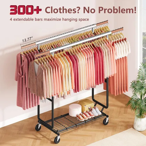 Vista 3 de Hoctieon Perchero de doble varilla de montaje en 2 minutos, estante resistente para ropa con ruedas, plegable para uso comercial, barra extensible