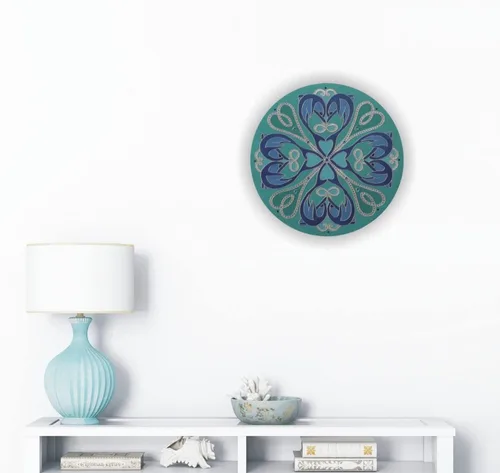 Vista 3 de Turquoise Teal Blue Dolfin Mandala Wall Hanging, Original Round Art Painting with Dolphins, Hand Painted Coastal Home Decor with Ocean Vibes