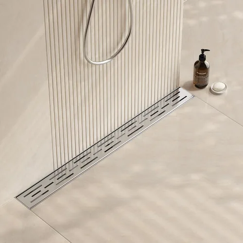 Vista 16 de Neodrain - Drenaje lineal rectangular de 24 pulgadas de latón cepillado con rejilla de patrón de ladrillo, drenaje de piso de baño de acero