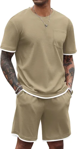 Vista 64 de COOFANDY Conjunto de camisa y pantalones cortos de gofre para hombre, conjunto de 2 piezas, conjunto casual de verano con bolsillos