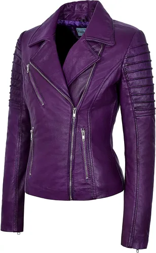 Vista 2 de Chaqueta de piel auténtica para mujer, elegante, diseño de moda, suave, estilo motociclista, estilo 9334