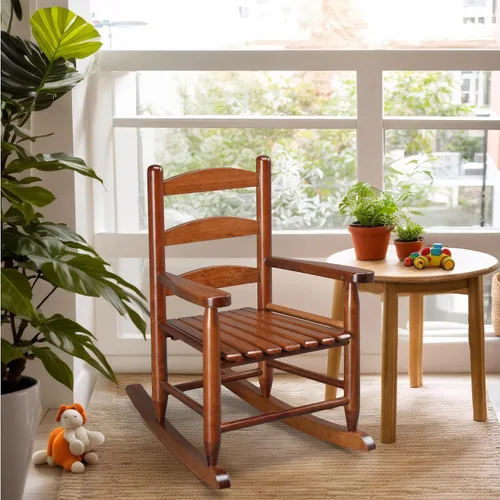 Vista 7 de JOYMOR Silla mecedora de madera para exteriores para niños con respaldo alto, balancín para niños resistente al clima, silla mecedora de patio