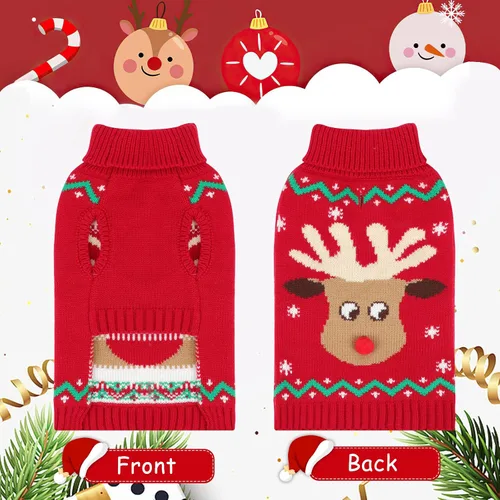 Vista 4 de Suéter navideño de cuello alto para perro, suéter de invierno de renos y copos de nieve con agujero para la correa, suéter de punto para cachorros